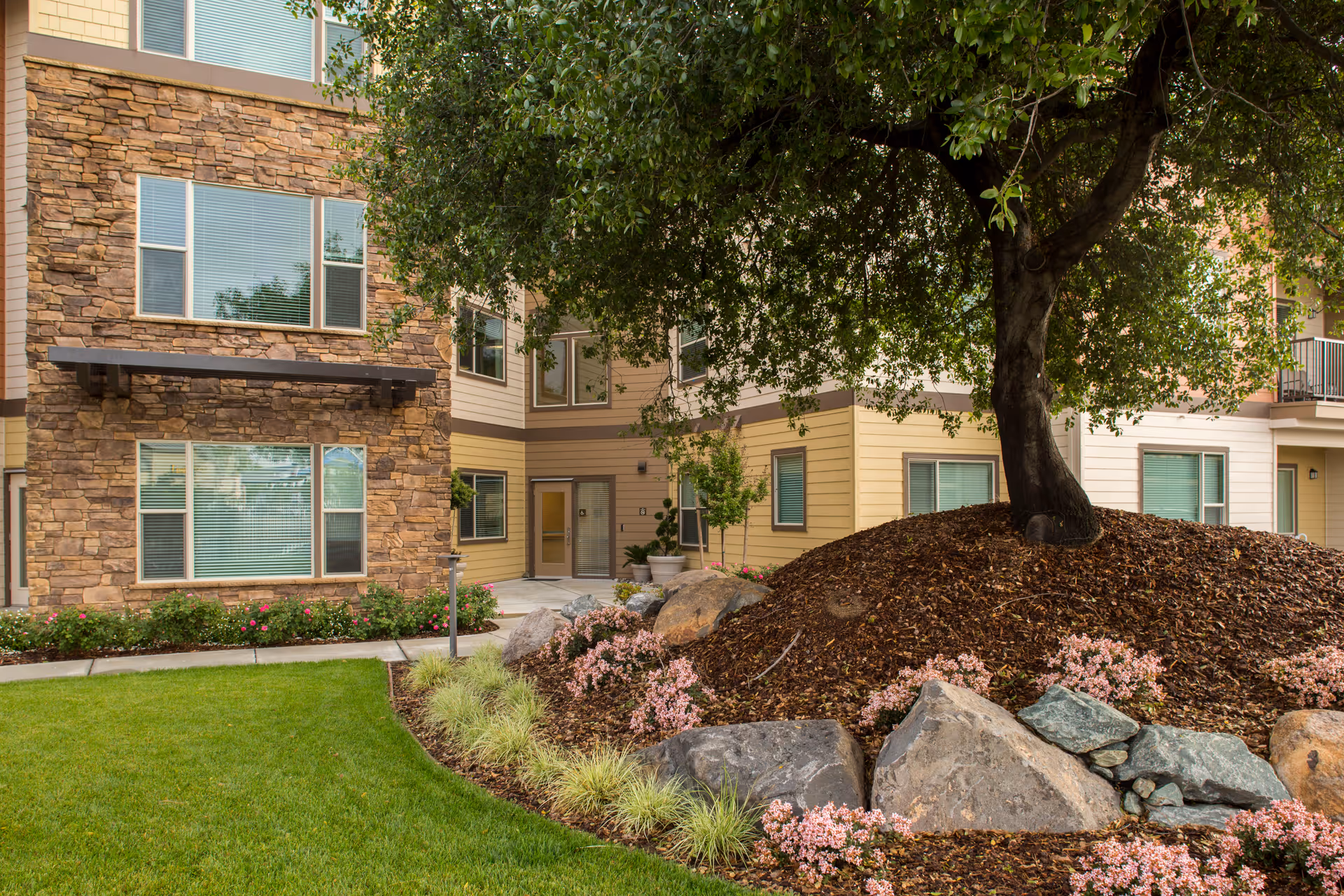 Outdoor landscaped area at Prairie City Landing featuring a large tree surrounded by mulch, rocks, and pink flowering plants. The background shows a multi-story building with stone and beige siding, windows with blinds, and a small walkway.