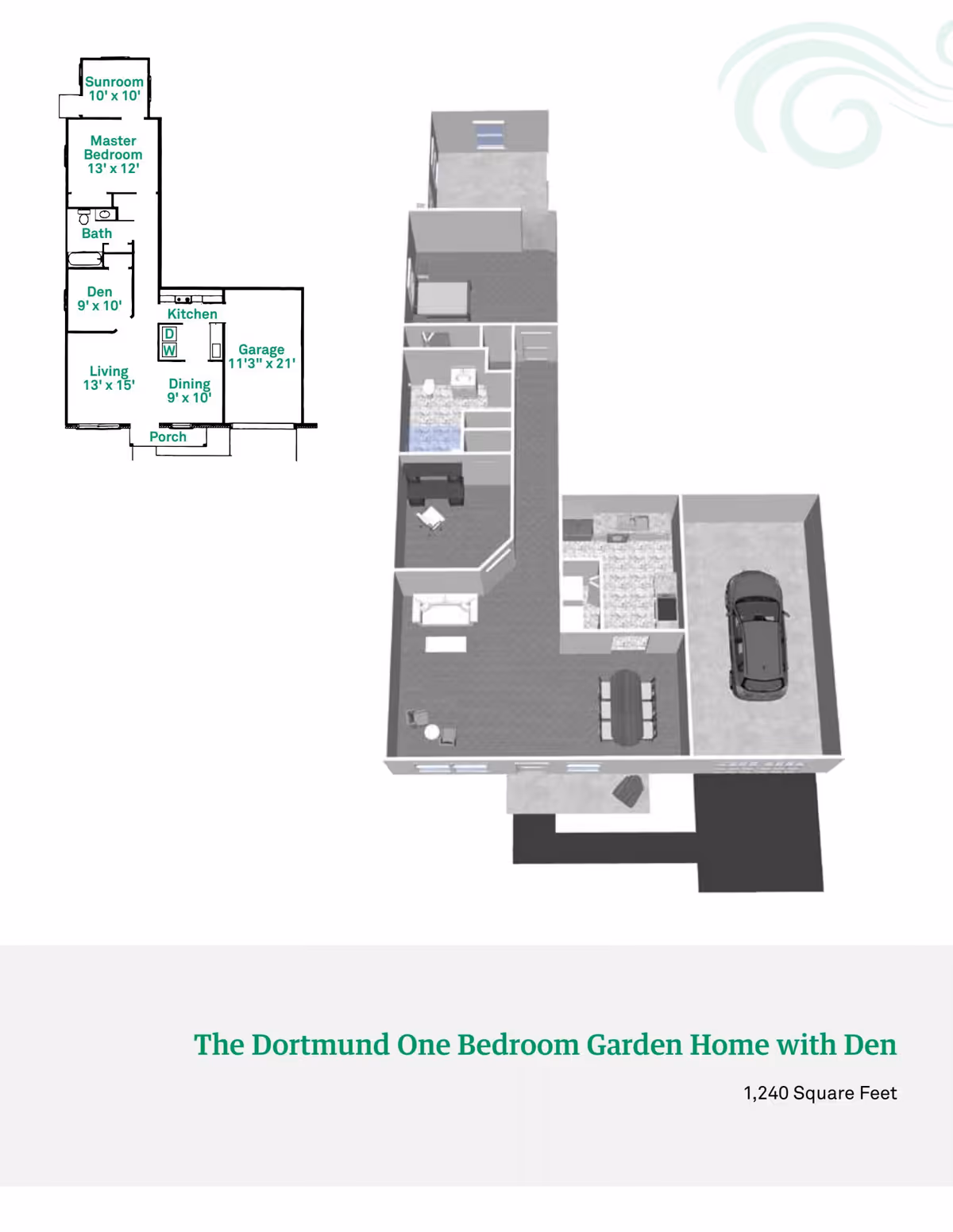3D floor plan and 2D layout of The Dortmund One Bedroom Garden Home with Den at Rosegate Commons, showing a master bedroom, sunroom, bath, den, living room, kitchen, dining area, porch, and garage. The home is 1,240 square feet.