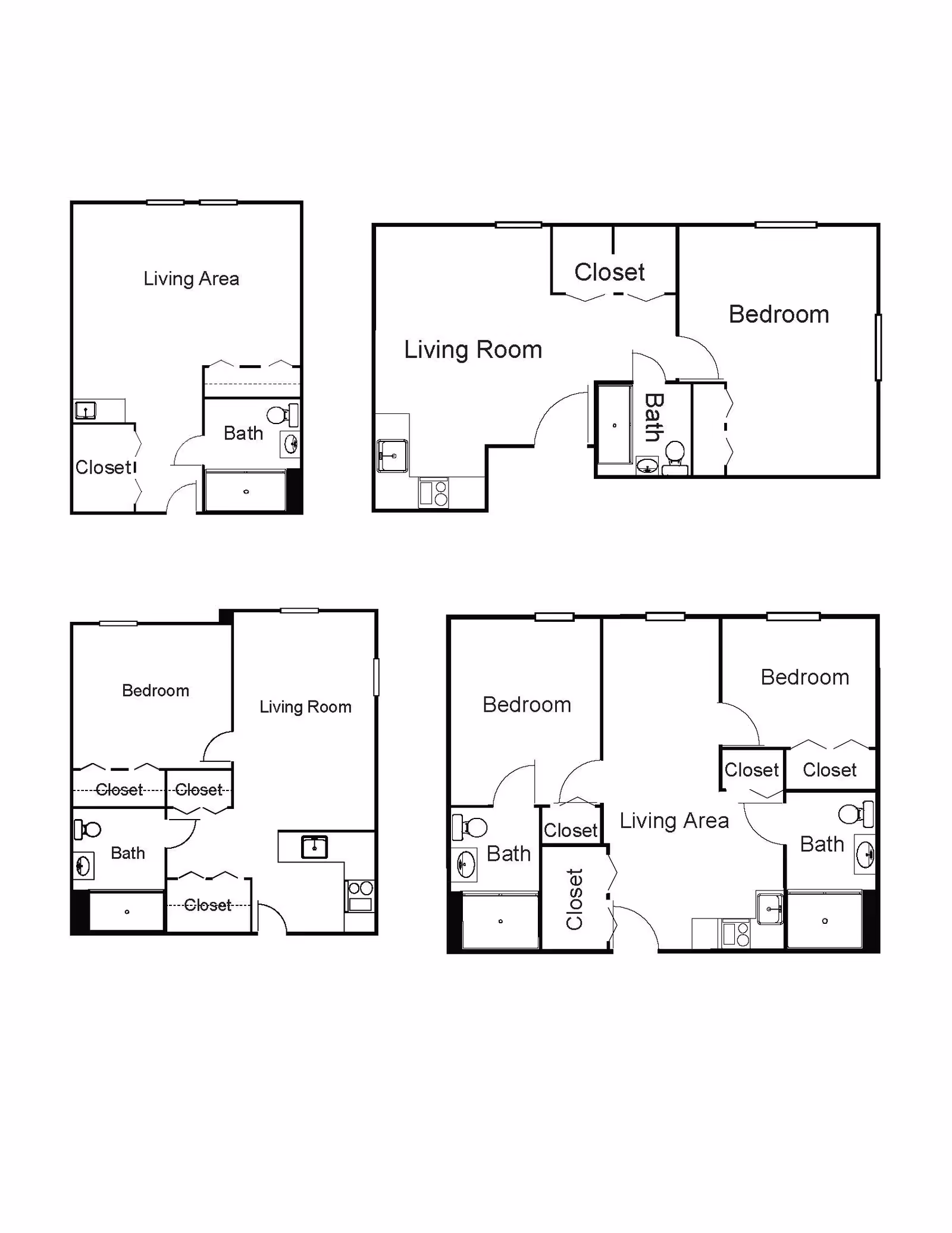 Four different black and white architectural floor plans showing layouts with labeled rooms including living areas, bedrooms, bathrooms, kitchens, and closets.