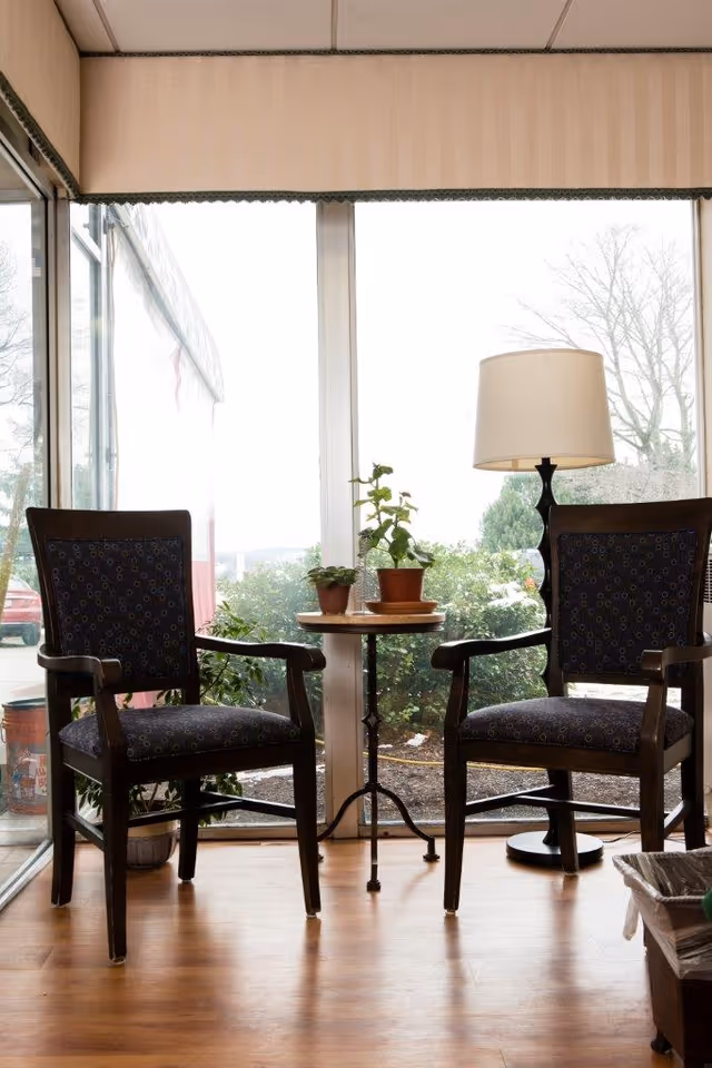 Two wooden armchairs with patterned cushions facing each other with a small round table between them holding two potted plants. A floor lamp is positioned behind one chair. Large windows behind the chairs show outdoor greenery and trees.