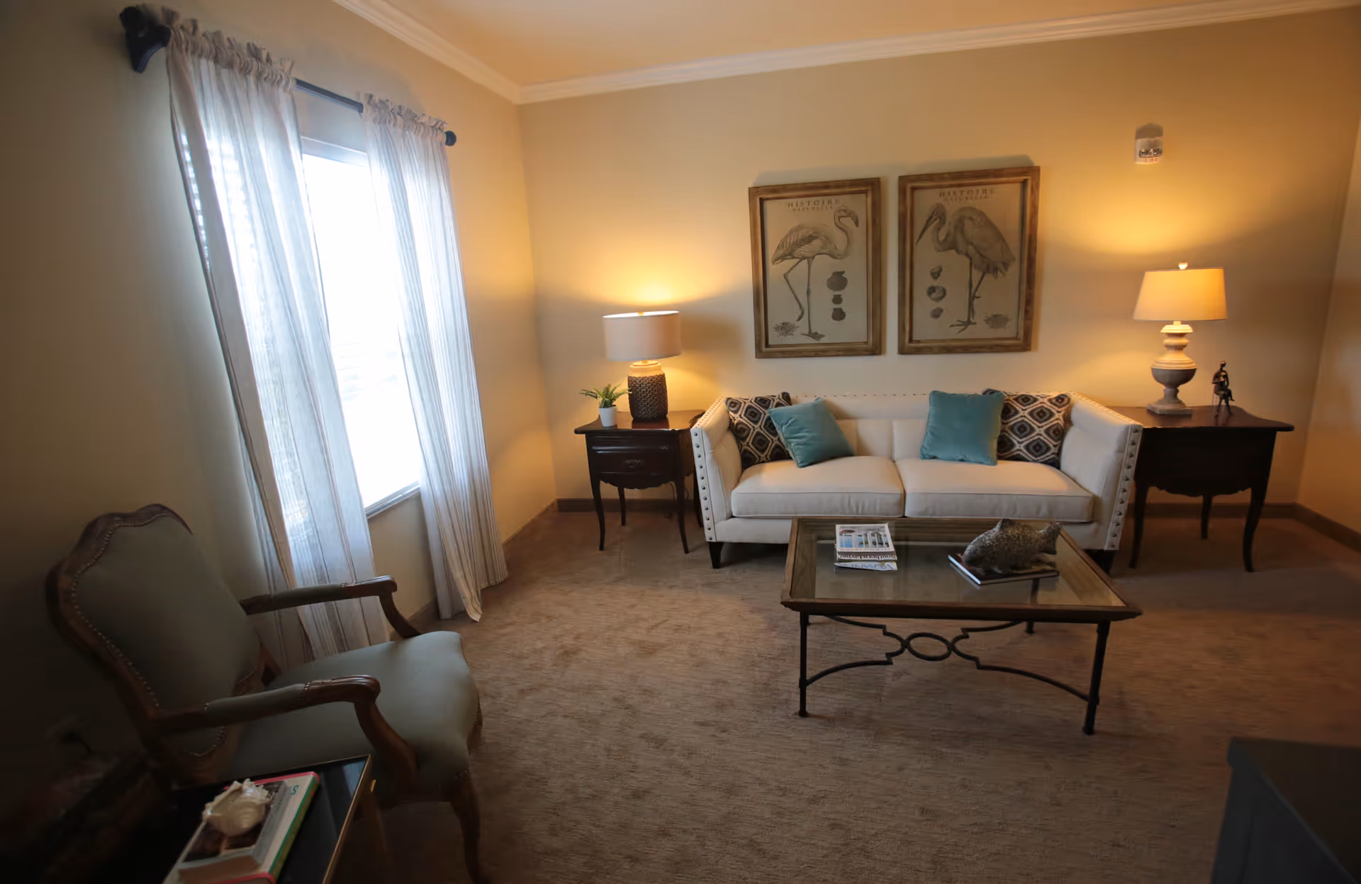 A cozy living room with a beige sofa adorned with blue and patterned cushions, two framed bird illustrations on the wall above the sofa, two side tables each with a lamp, a green upholstered armchair near a window with sheer white curtains, and a glass coffee table with books and a decorative item.