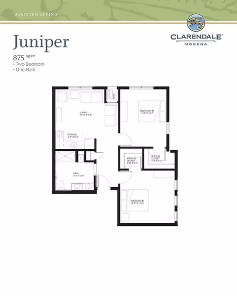 Floor plan of Juniper apartment at Clarendale of Mokena showing a two-bedroom, one-bath assisted living unit with a living room, kitchen, bathroom, and two walk-in closets.