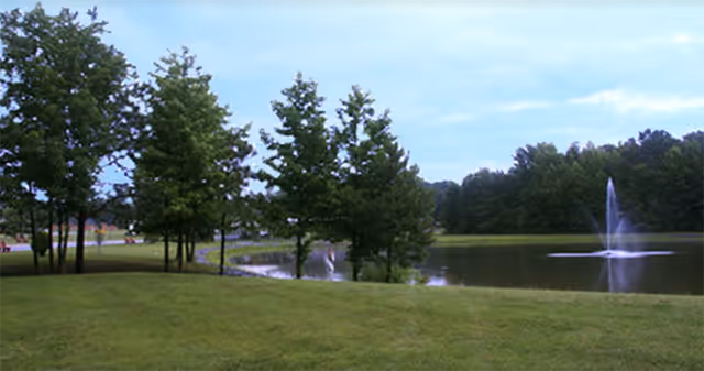 A serene outdoor scene featuring a grassy area with several trees near a pond. The pond has a fountain spraying water upwards, and there is a wooded area in the background under a partly cloudy sky.