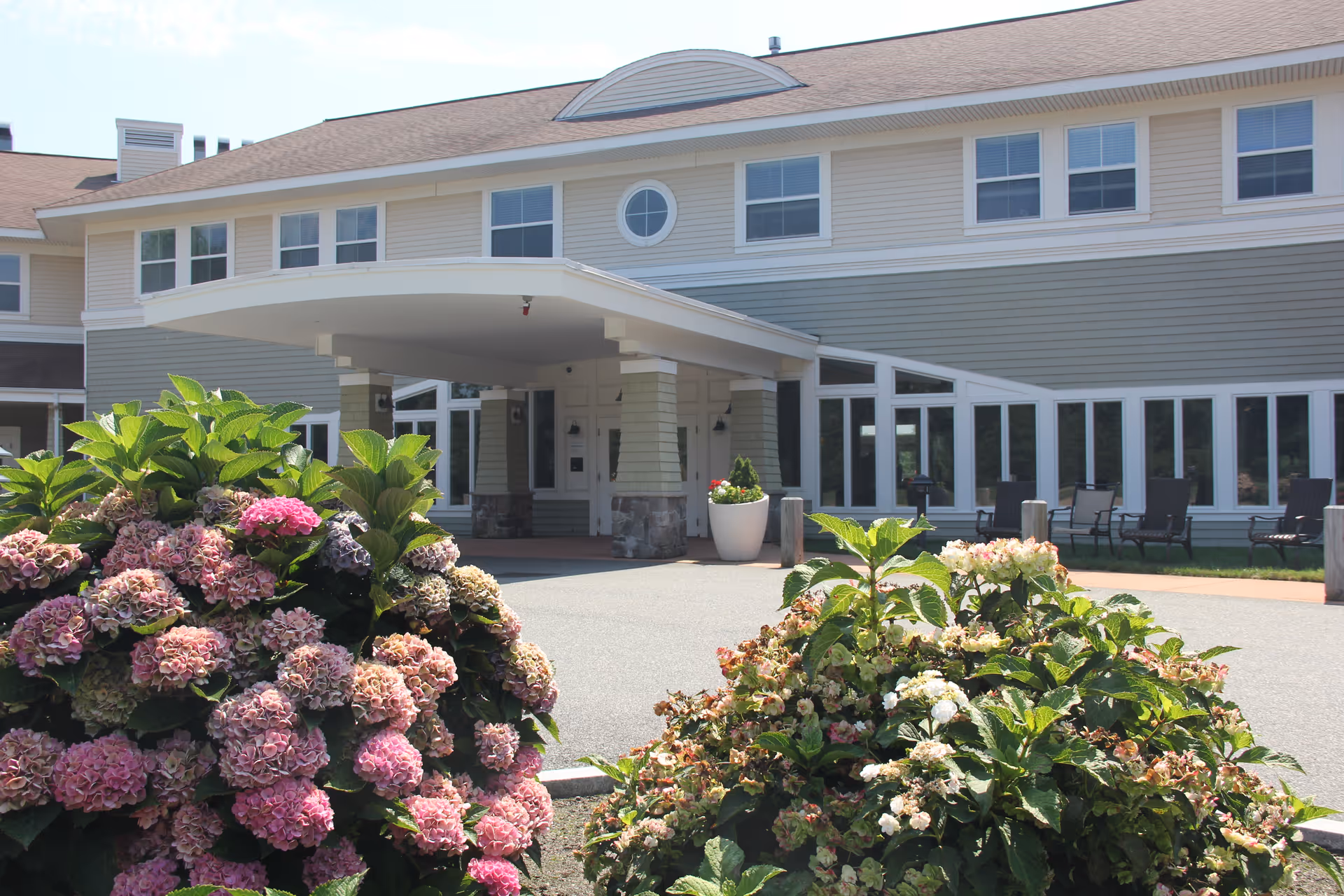 Front exterior view of a senior living facility with a covered entrance, multiple windows, and a landscaped area with blooming hydrangea bushes in the foreground.