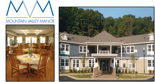 Two images side by side. Left image shows a dining room with wooden tables and chairs, set with placemats and a small plant centerpiece. Right image shows the front exterior of a two-story building with a covered entrance, surrounded by greenery and trees in the background.