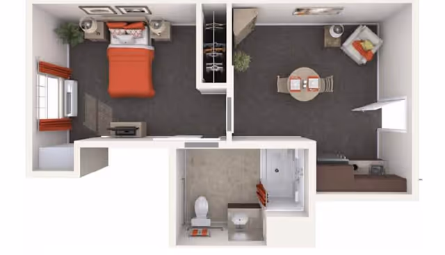 Top-down view of a one-bedroom apartment floor plan showing a bedroom with a bed, nightstands, and a TV, a living room with a round dining table, chairs, an armchair, and a small kitchen area, along with a bathroom containing a toilet, sink, and shower.