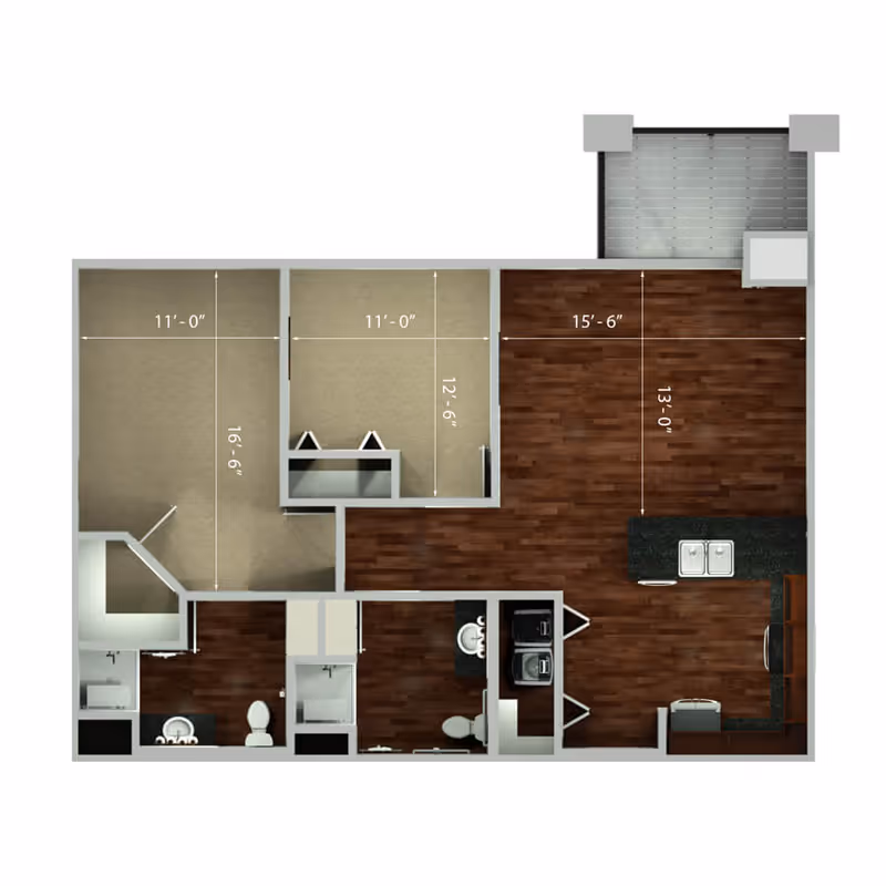 Floor plan of an apartment at Fairways of Ironhorse Independent Living showing two bedrooms, two bathrooms, a kitchen with appliances and sink, a living area, and a balcony. Dimensions of rooms are marked.