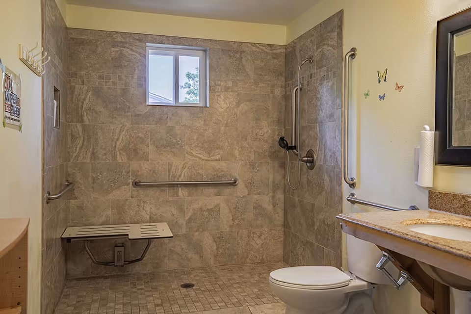 Accessible bathroom with tiled walk-in shower featuring a fold-down bench and multiple grab bars. There is a small window above the shower area. The bathroom also includes a toilet, a sink with a granite countertop, a mirror, and butterfly wall decals.