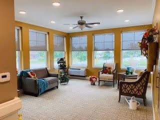 A bright and cozy living room area with multiple windows letting in natural light. The room features a ceiling fan, a gray sofa with colorful pillows and a blue throw blanket, two armchairs with cushions, a small table with a plant, and decorative items including flowers and a watering can on the carpeted floor.