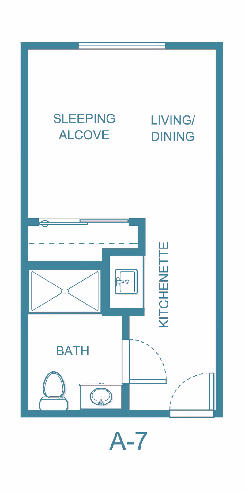 Floor plan layout labeled A-7 showing a senior living unit with designated areas for sleeping alcove, living/dining, kitchenette, and bath including a toilet and sink.