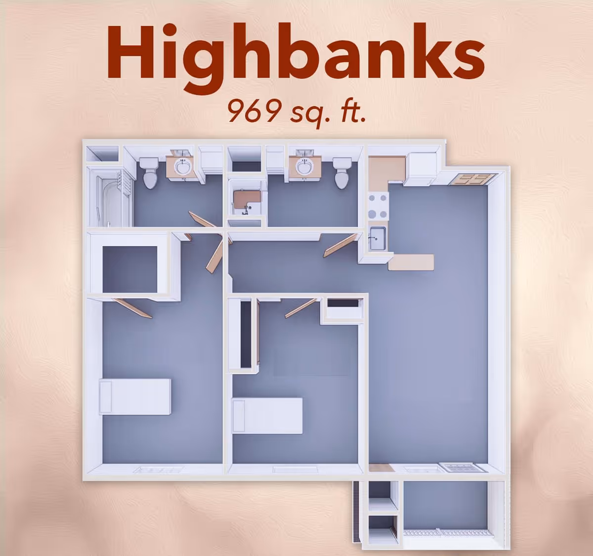 3D floor plan of a residential unit named Highbanks with 969 square feet, showing two bedrooms, two bathrooms, a kitchen, and a living area.