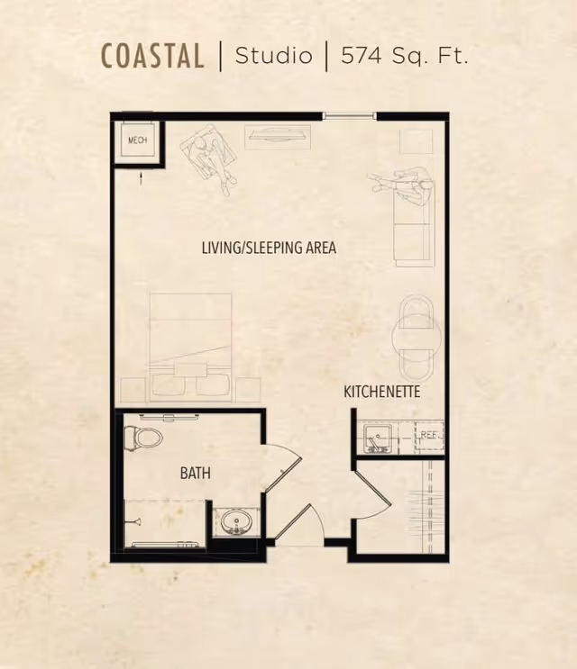 Floor plan of a studio apartment named Coastal with 574 square feet, showing a living/sleeping area, a bath, and a kitchenette.