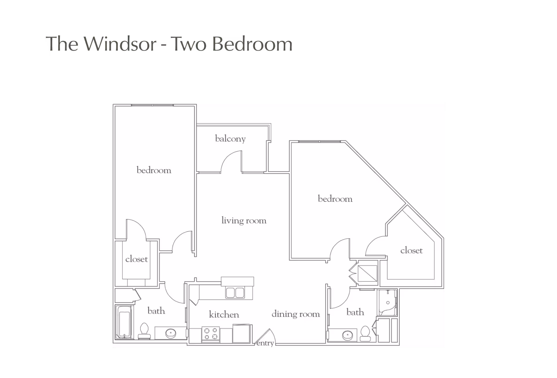 Floor plan titled 'The Windsor - Two Bedroom' showing a layout with two bedrooms, two bathrooms, a kitchen, dining room, living room, balcony, and closets.