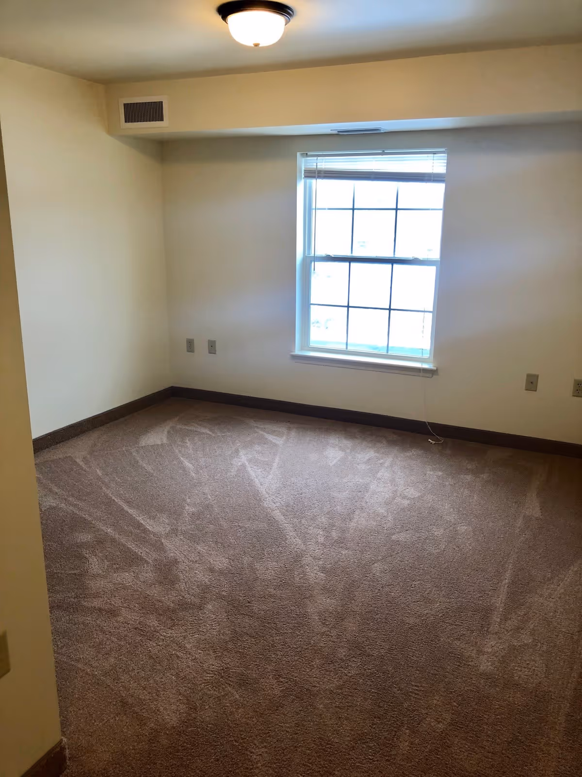 Empty room with beige carpet, cream-colored walls, a window with blinds partially open, and a ceiling light fixture.