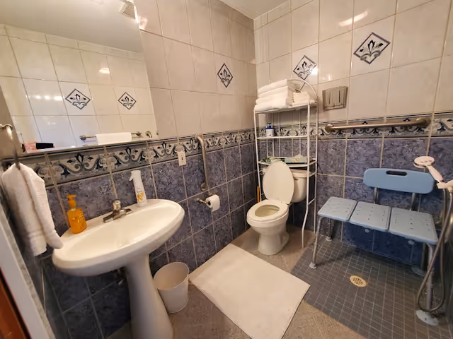 A bathroom with blue and white tiled walls, featuring a white pedestal sink with soap dispenser and hand towel, a toilet with an open lid, a white metal shelf above the toilet holding folded towels, and a blue shower bench with a handheld showerhead. There are grab bars installed on the walls for support.