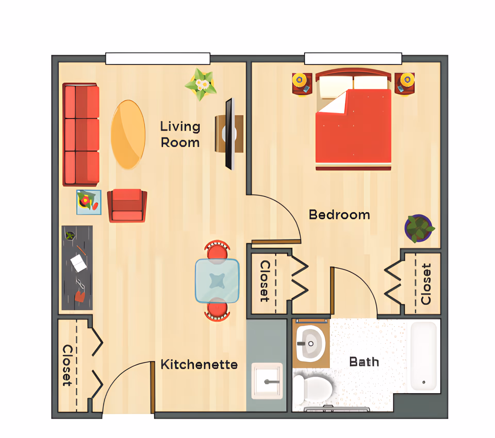 Floor plan of a senior living unit showing a living room with red sofa and chair, a kitchenette with a small dining table and two chairs, a bedroom with a red bed and two closets, and a bathroom with a sink, toilet, and bathtub.