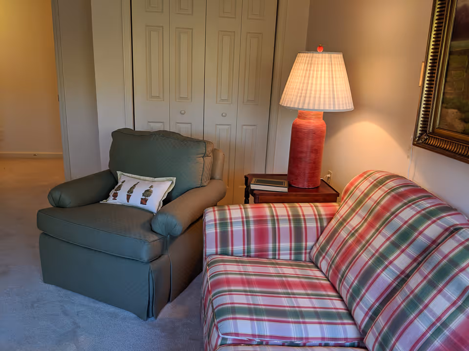 A cozy living room area featuring a green armchair with a decorative pillow, a plaid sofa in red, green, and white tones, a wooden side table with a red lamp, and a framed painting on the wall. In the background, there are white double closet doors.