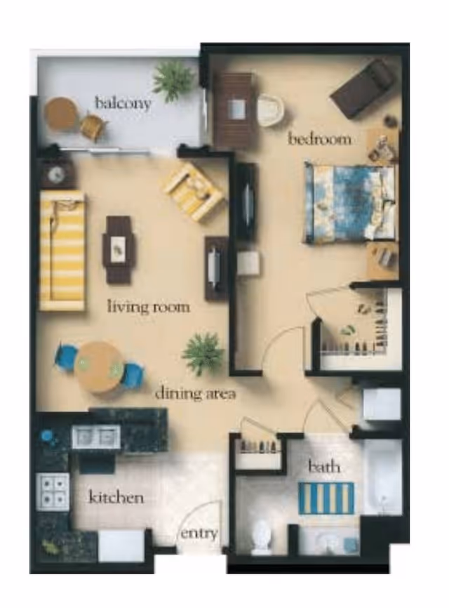 Floor plan of a one-bedroom apartment at Atria Tarzana showing a balcony, living room, dining area, kitchen, entry, bedroom, and bathroom.