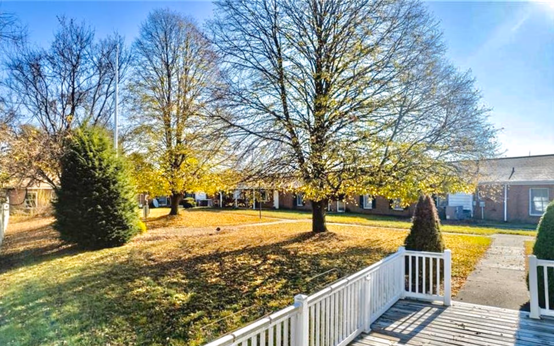 Courtyard with large deciduous trees, grassy lawn, paved walkways, a white porch railing, and a low brick senior living building in the background.