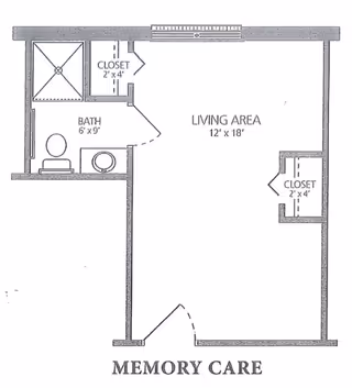 Architectural floor plan layout for a memory care unit showing a living area measuring 12 by 18 feet, a bathroom measuring 6 by 9 feet with a toilet, sink, and shower, and two closets each measuring 2 by 4 feet.