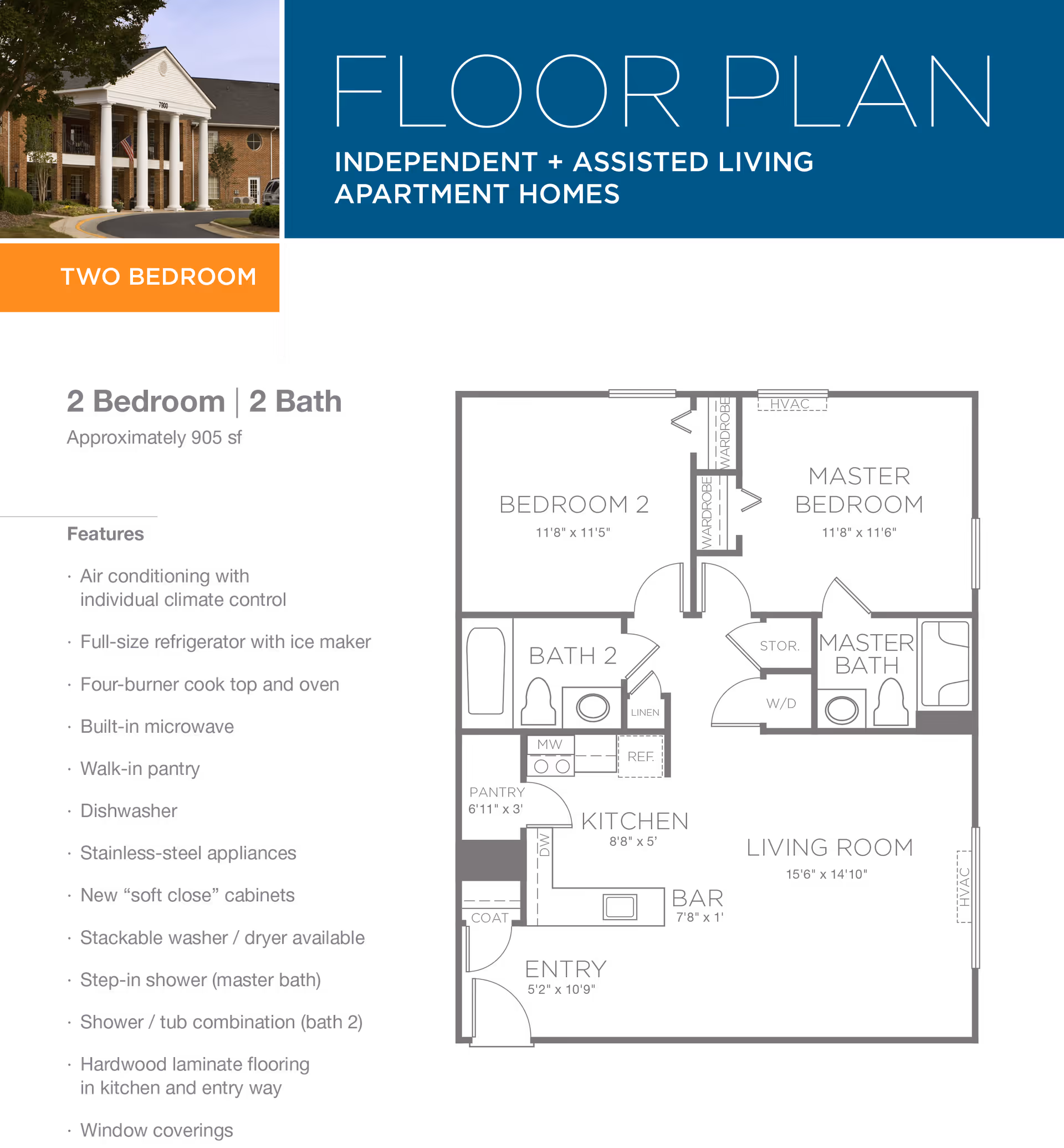 Floor plan for a two-bedroom, two-bath independent and assisted living apartment home at Abbotswood at Stonehenge, showing layout with labeled rooms including master bedroom, bedroom 2, kitchen, living room, baths, pantry, and entry. Features list includes air conditioning, full-size refrigerator, four-burner cooktop, built-in microwave, walk-in pantry, dishwasher, stainless-steel appliances, soft close cabinets, stackable washer/dryer, step-in shower, shower/tub combination, hardwood laminate flooring, and window coverings. Also includes a small exterior photo of the facility building with columns and brick facade.