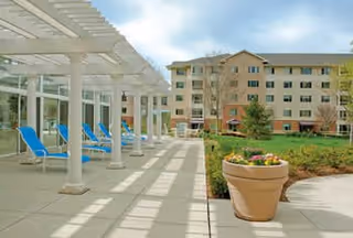 Outdoor patio area with blue lounge chairs under a white pergola, large potted plants with flowers, and a multi-story residential building in the background under a partly cloudy sky.