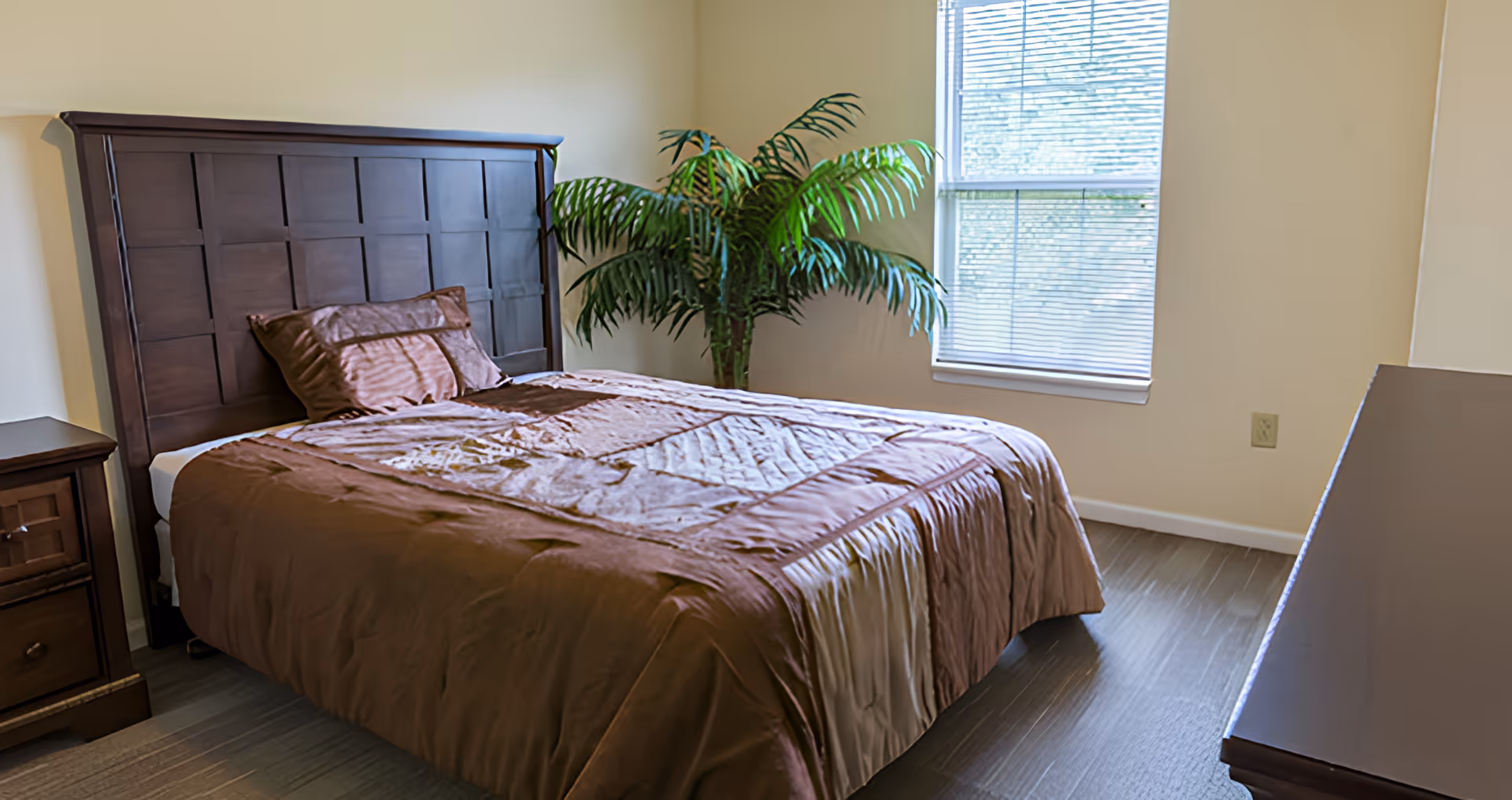 A bedroom with a wooden bed frame and headboard, a brown bedspread and pillows, a wooden nightstand with drawers, a large green potted plant in the corner, and a window with blinds letting in natural light.