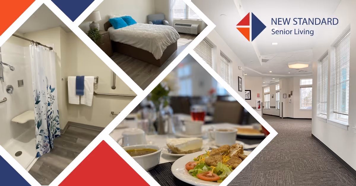Collage of images showing a senior living facility named New Standard Senior Living. The images include a bathroom with a shower and grab bars, a bedroom with a bed and chair, a dining table with a meal including fried chicken, salad, soup, and dessert, and a bright hallway with large windows and carpeted floor.