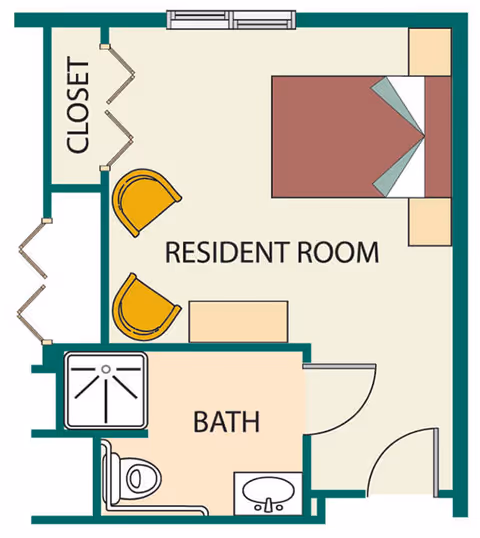 Floor plan of a resident room at Garden Square Assisted Living of Casper showing a bedroom area with a bed, two chairs, a closet, and an attached bathroom with a shower, toilet, and sink.