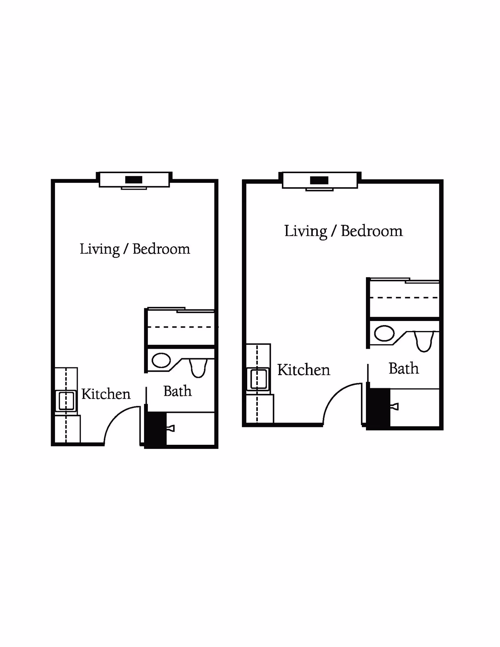 Architectural floor plan showing two studio apartment layouts, each with a combined living and bedroom area, a kitchen, and a bathroom.