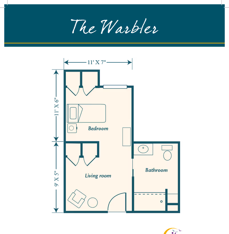 Floor plan of a senior living unit named The Warbler at HarborChase of Villages Crossing, showing a bedroom with a bed and nightstand, a living room with a chair and table, and a bathroom with a sink, toilet, and shower. Dimensions for the bedroom and living room are indicated.