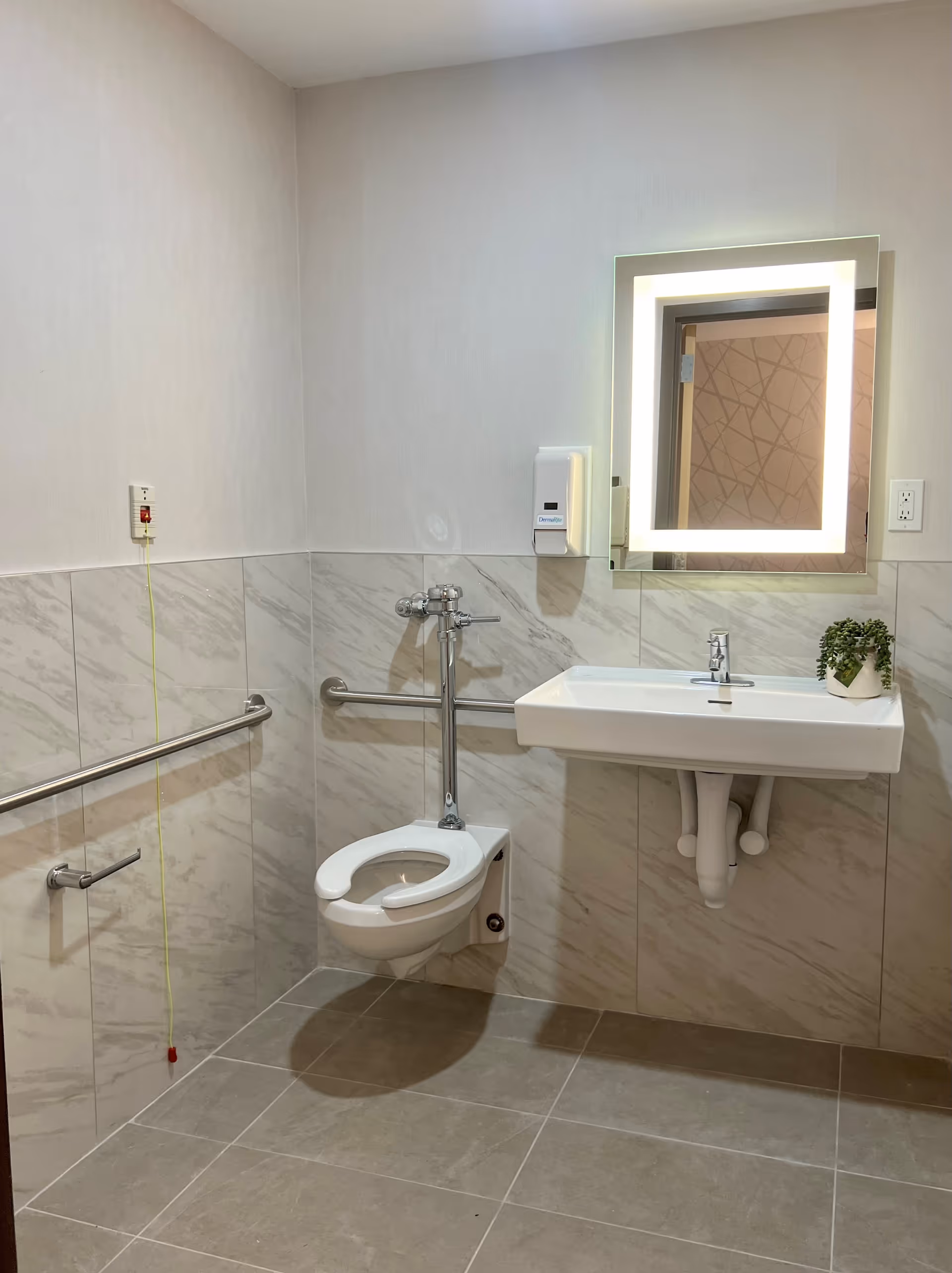 A clean, accessible bathroom with a wall-mounted toilet and sink. The walls are tiled halfway up with a marble pattern, and the floor is tiled in a light gray color. There are stainless steel grab bars beside the toilet and along the wall. A rectangular mirror with built-in lighting is mounted above the sink, and a small potted plant is placed on the sink. A soap dispenser is mounted on the wall next to the mirror. A yellow emergency pull cord hangs near the toilet.