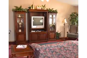 A living room with a floral patterned sofa facing a wooden entertainment center that holds a television and decorative items. There is a wooden side table with magazines, a floor lamp, and a cushioned armchair next to a large potted plant.