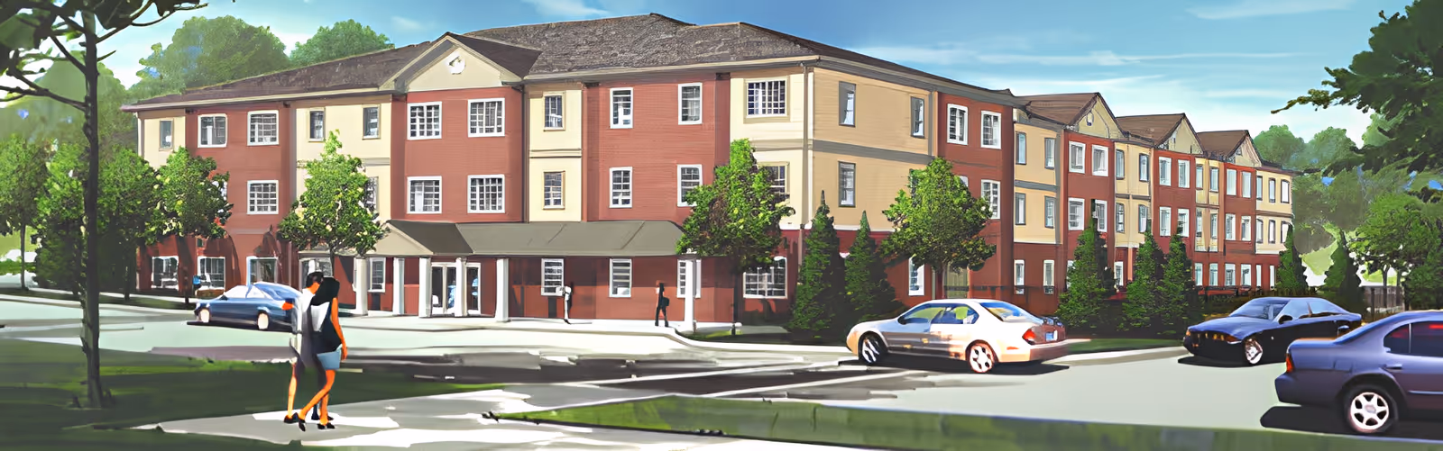 Three-story red-and-beige residential building front with parked cars and pedestrians on a sunny day.