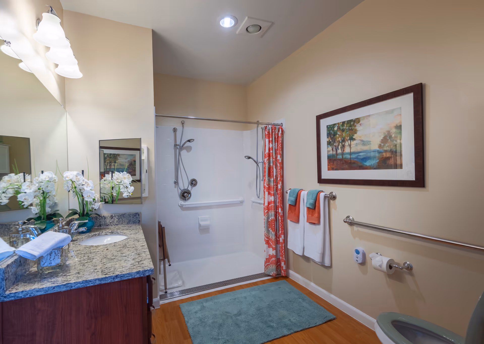 Bright accessible bathroom featuring a granite vanity with mirror and flowers, a walk-in shower with grab bars and a patterned curtain, and towels on a wall rack.