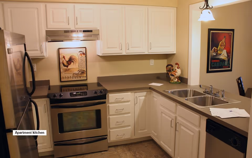 A modern apartment kitchen with white cabinets, a stainless steel refrigerator, an electric stove with oven, a double sink, and a dishwasher. The kitchen has a beige countertop and beige walls with two framed pictures, one featuring a rooster and the other a bottle of Cordial Campari.
