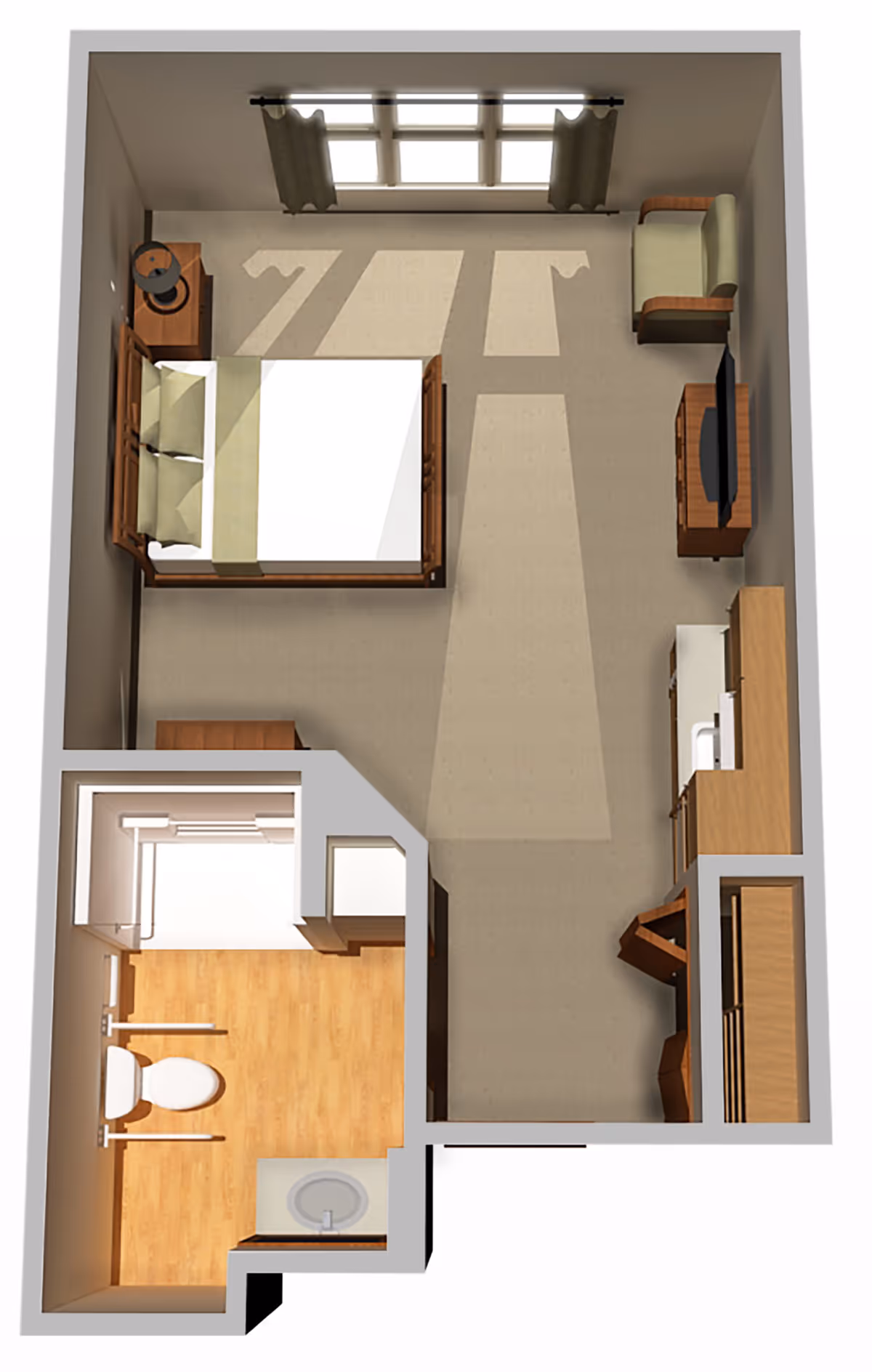 Top-down 3D floor plan of a studio memory-care room with a bed, nightstand, seating area, TV, kitchenette, and an attached bathroom.