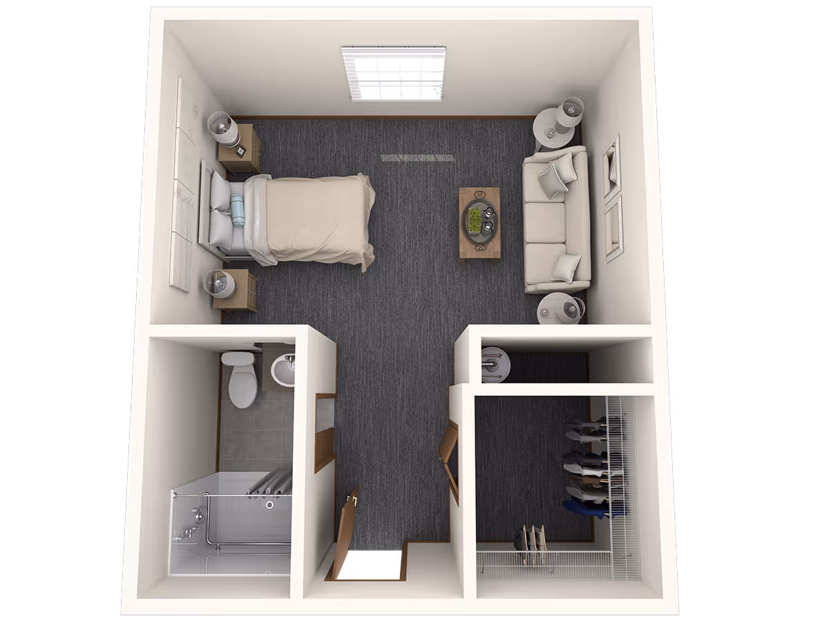 Top-down view of a small apartment layout featuring a bedroom area with a bed, two nightstands with lamps, a living area with a sofa, coffee table, and side tables with lamps, a bathroom with a toilet, sink, and shower, and a walk-in closet with hanging clothes.
