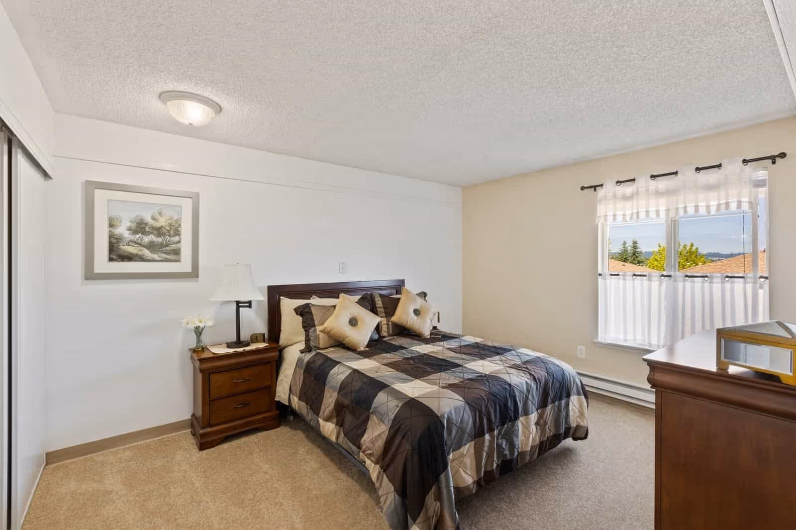 A bedroom with a double bed covered in a checkered comforter and two decorative pillows. There is a wooden nightstand with a lamp and a small vase of flowers next to the bed. A framed landscape painting hangs on the wall above the nightstand. The room has beige carpet, a window with sheer curtains, and a wooden dresser in the corner.