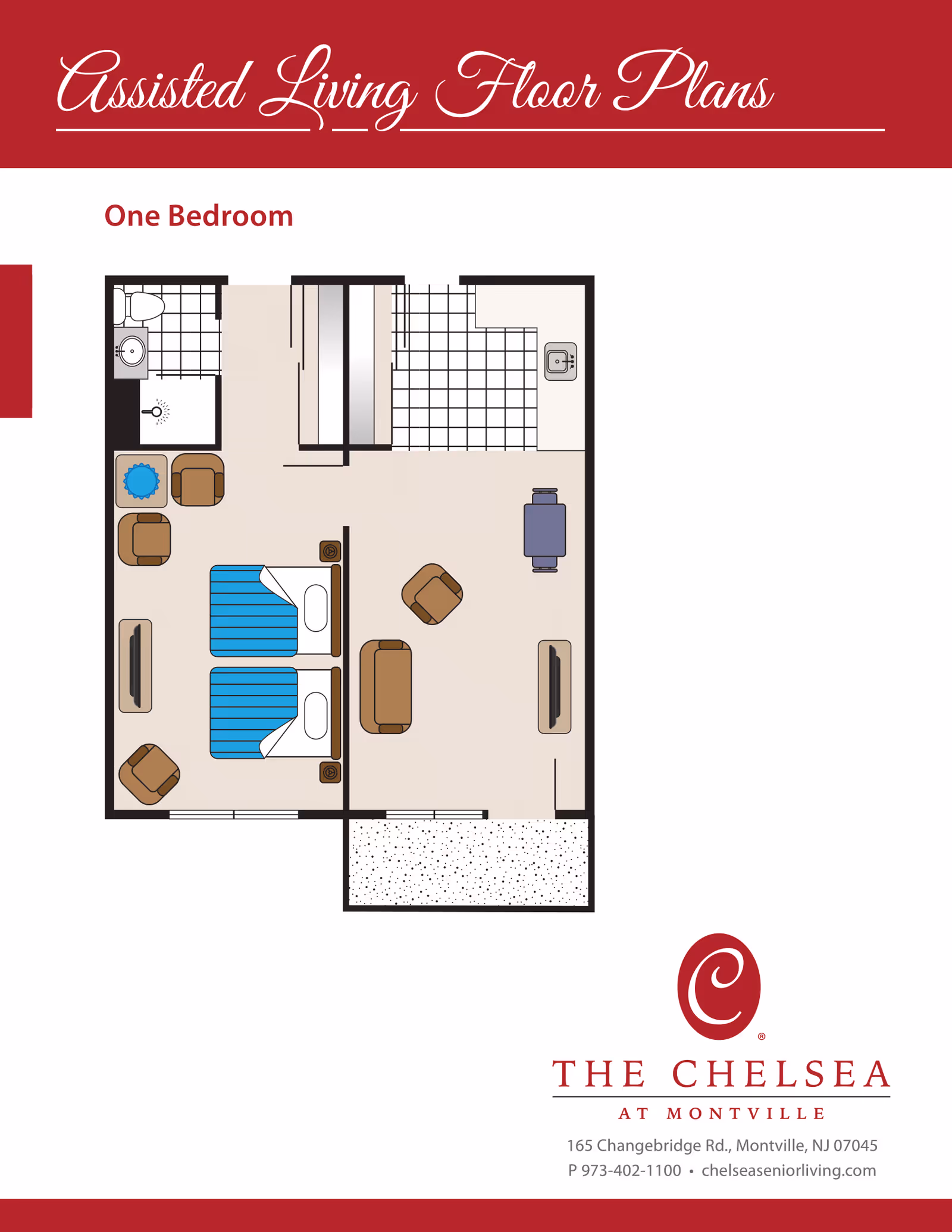 Floor plan of a one-bedroom assisted living apartment showing a bedroom with two beds, a living area with chairs and a TV, a kitchen with a sink, and a bathroom with a toilet and sink.