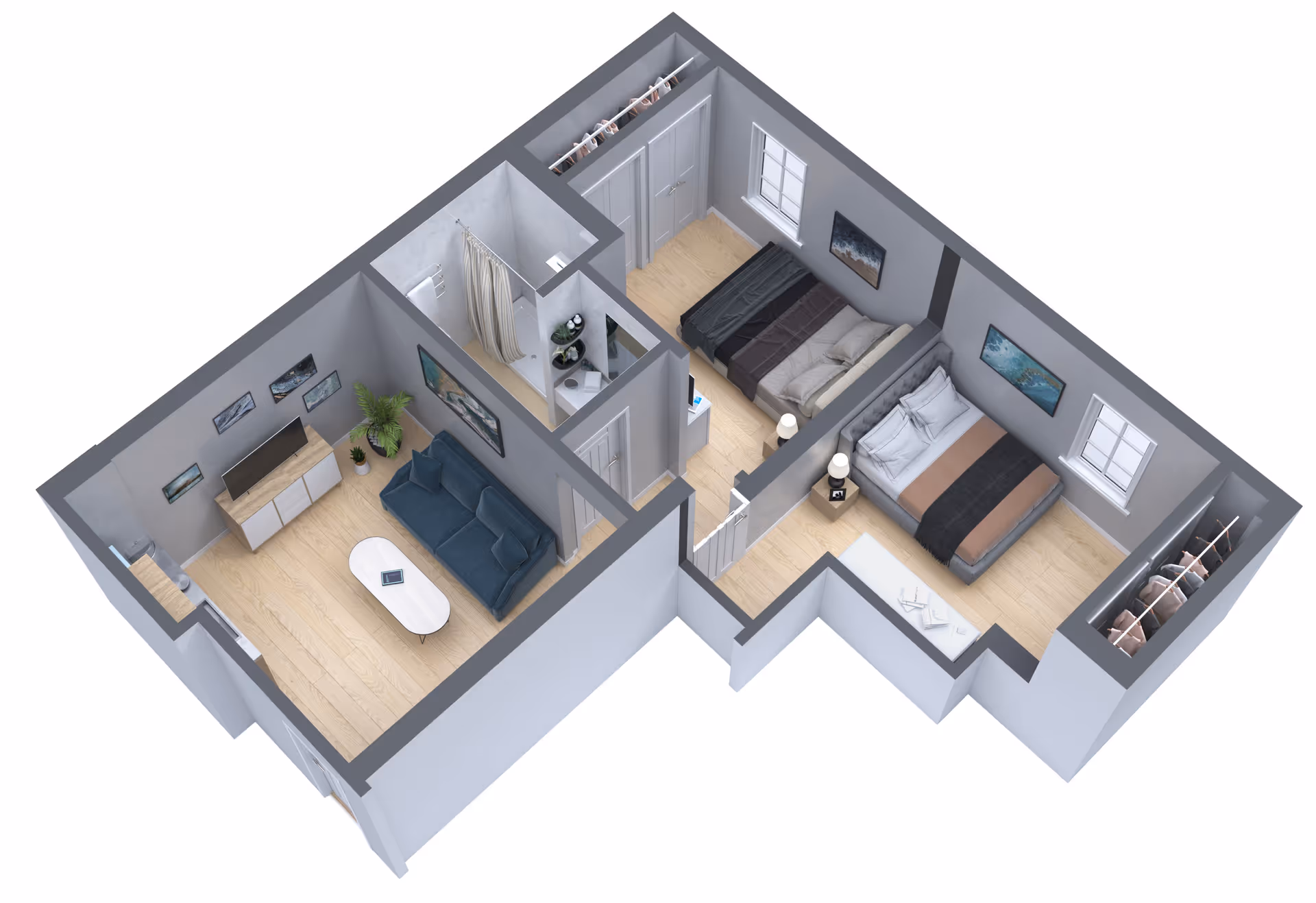 3D rendered floor plan of a two-bedroom apartment showing a living room, bathroom, and closets.