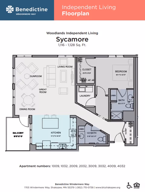 Floor plan of Sycamore apartment at Benedictine Living Community- Shakopee Windermere Way showing layout with a sunroom, great room, dining room, kitchen, balcony, bedroom, closet, laundry, linen closets, full bath, and half bath. The total area is between 1,116 and 1,128 square feet.