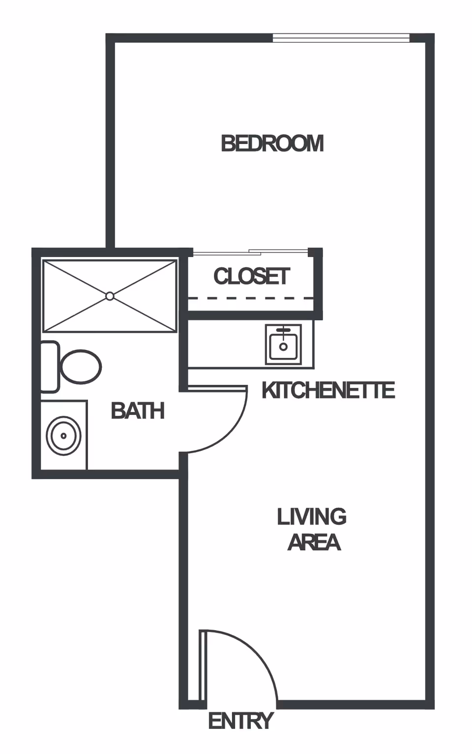 Floor plan layout of a senior living unit at Venice Palms Senior Living showing an entry leading to a living area, kitchenette, closet, bedroom, and a bathroom with a shower, toilet, and sink.