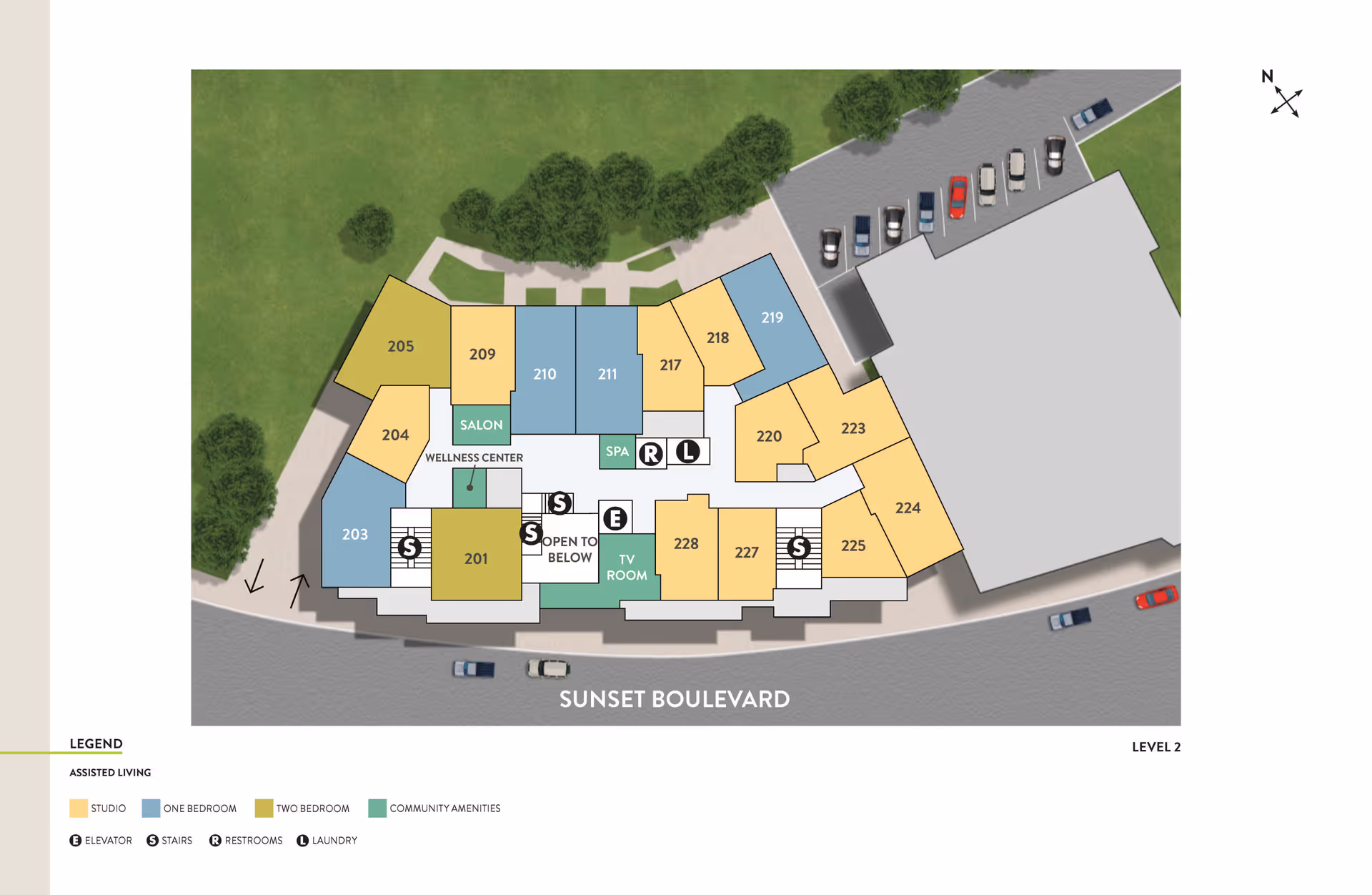 Floor plan of level 2 at Atria Park of Pacific Palisades showing various rooms including studios, one-bedroom, and two-bedroom units, as well as community amenities like a salon, wellness center, spa, and TV room. The layout includes elevators, stairs, restrooms, and laundry areas, with parking spaces and Sunset Boulevard visible outside the building.