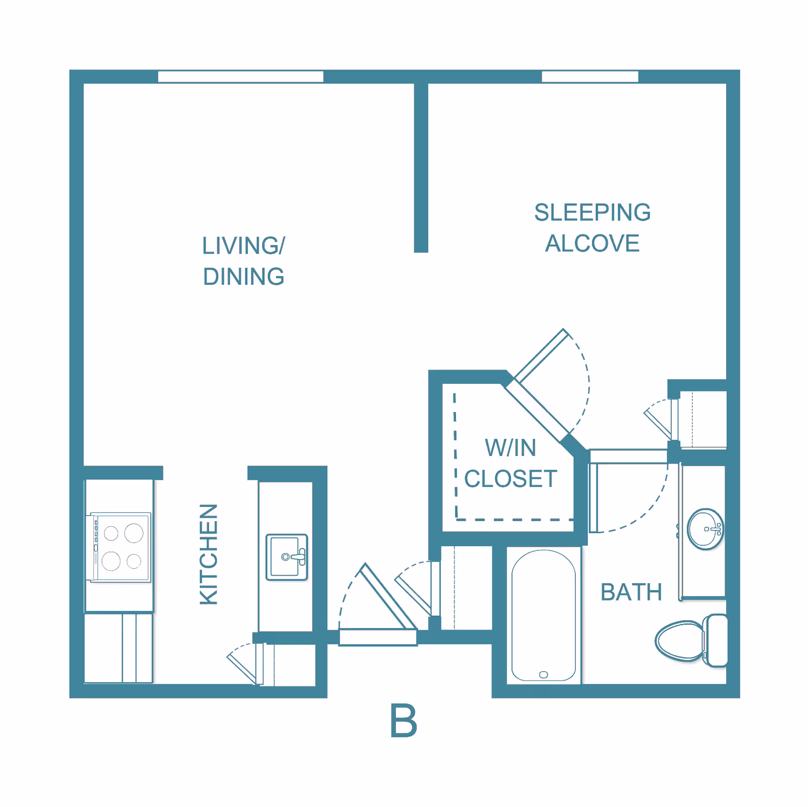 Floor plan layout of an apartment at Asher Point Independent Living of Sherman showing a kitchen, living/dining area, sleeping alcove, walk-in closet, and bathroom.