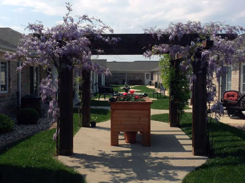 A courtyard with a wooden pergola draped in purple flowering vines, a raised planter with flowers, and seating between single-story brick buildings.