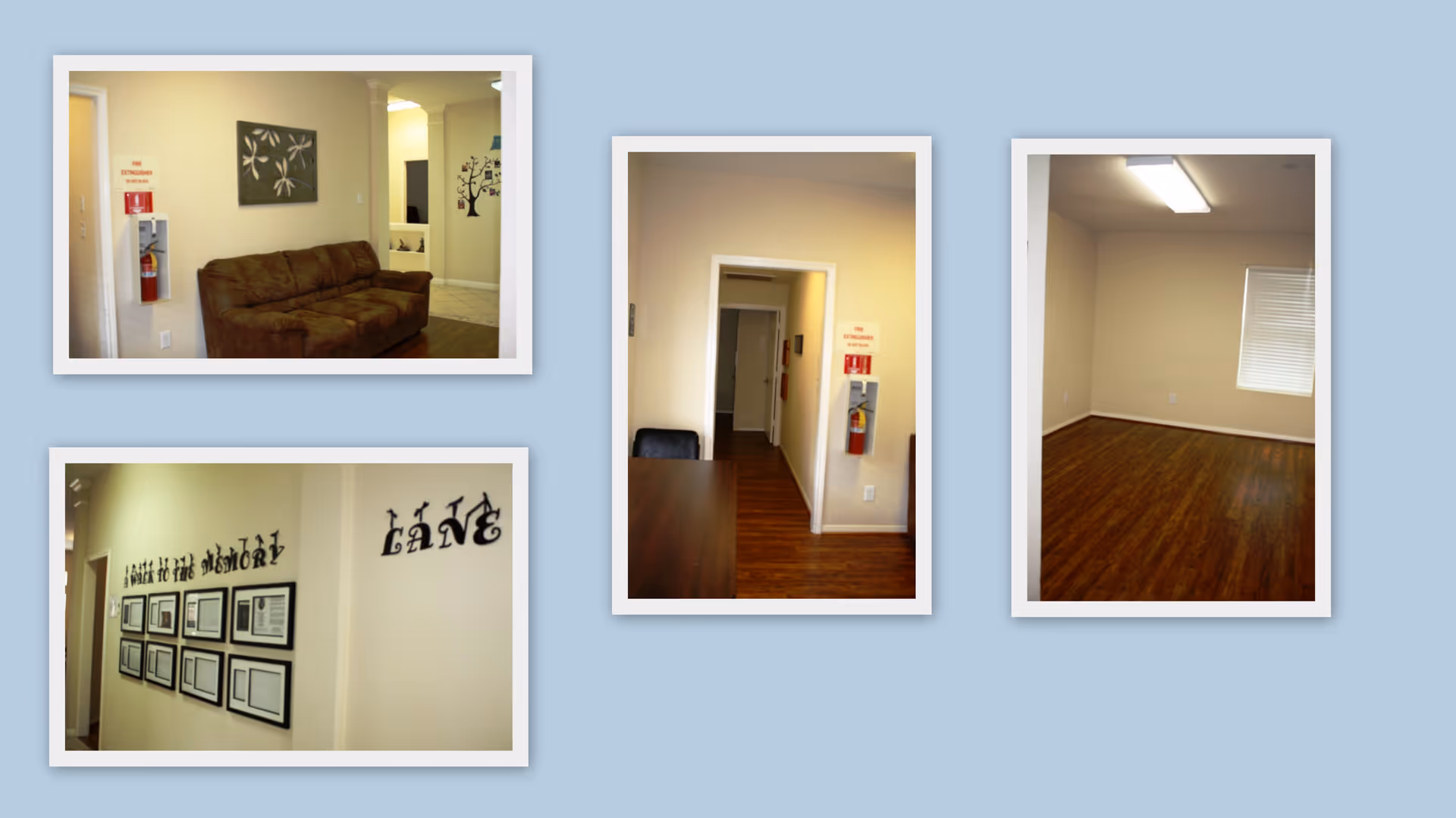 Collage of four interior photos showing different areas of a senior living facility. One photo shows a brown couch against a beige wall with a fire extinguisher mounted nearby. Another photo shows a hallway with wooden flooring, a fire extinguisher, and a dark table with a chair. A third photo shows a wall with framed pictures and the words 'A Walk to the Memory Lane' in decorative black letters. The last photo shows an empty room with wooden flooring, beige walls, a window with blinds, and a ceiling light.