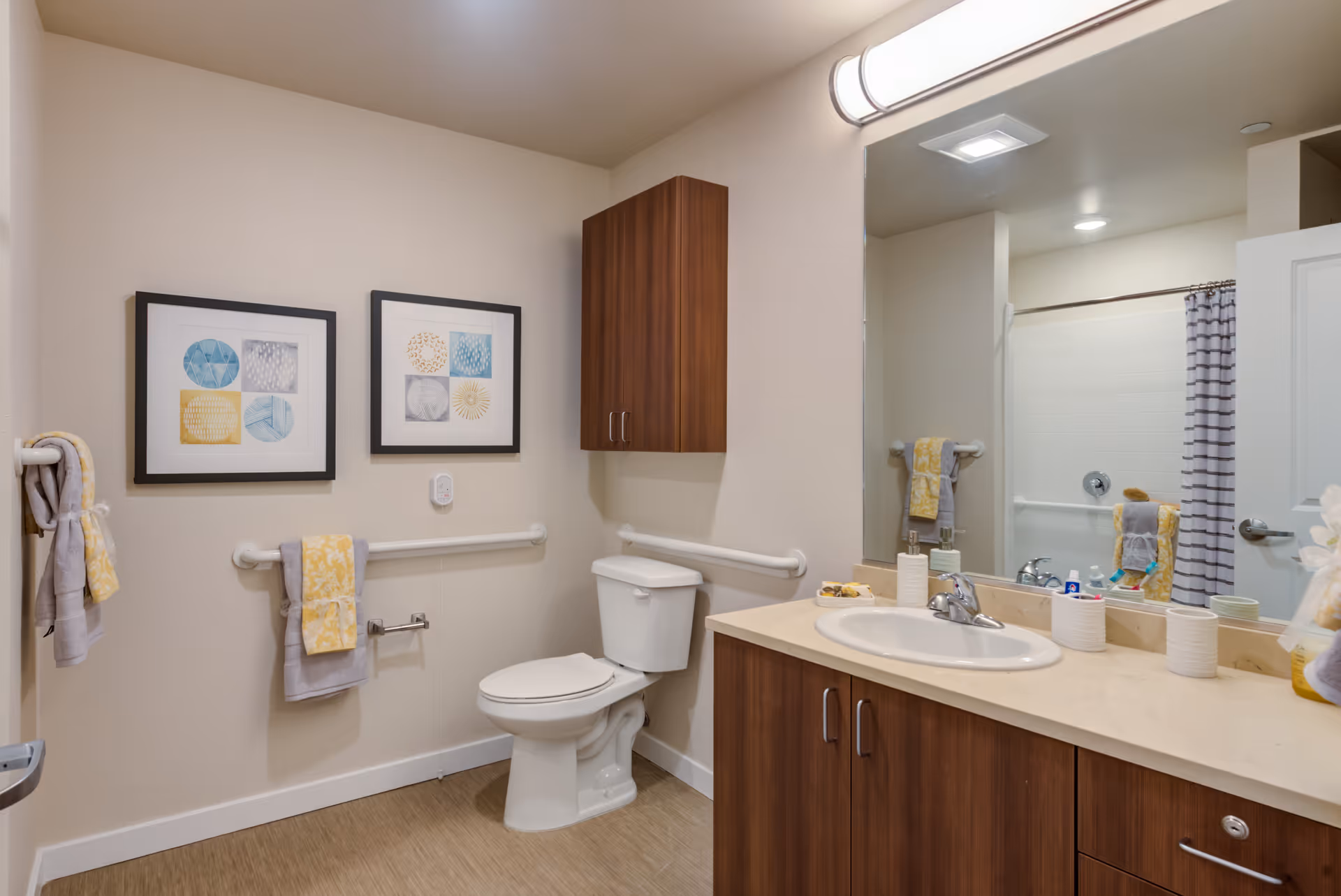 Accessible bathroom with a toilet, sink and large mirror, wooden cabinetry, grab bars and decorative towels.