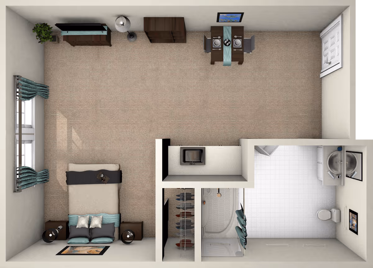 Top-down view of a studio apartment floor plan featuring a bedroom area with a bed, two nightstands, and a dresser with a TV. There is a dining area with a table set for two, a closet with hanging clothes, and a bathroom with a shower, toilet, and sink.