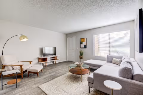 Bright living room with a gray sectional sofa, glass coffee table, TV on a mid-century stand, armchair with ottoman, and a large window.